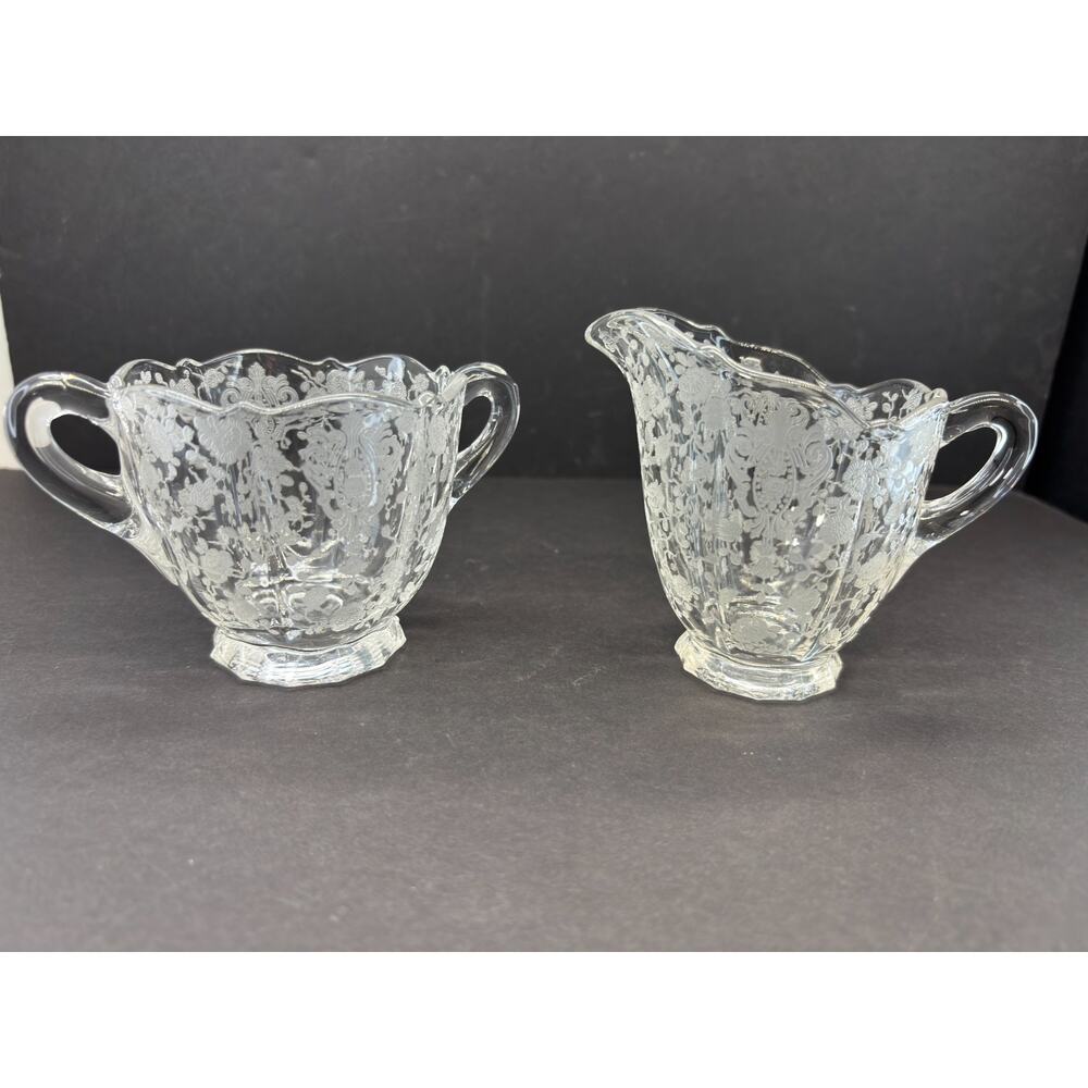 Vintage Etched Glass Creamer Sugar Bowl Cambridge Rose Point Style Cottage Decor